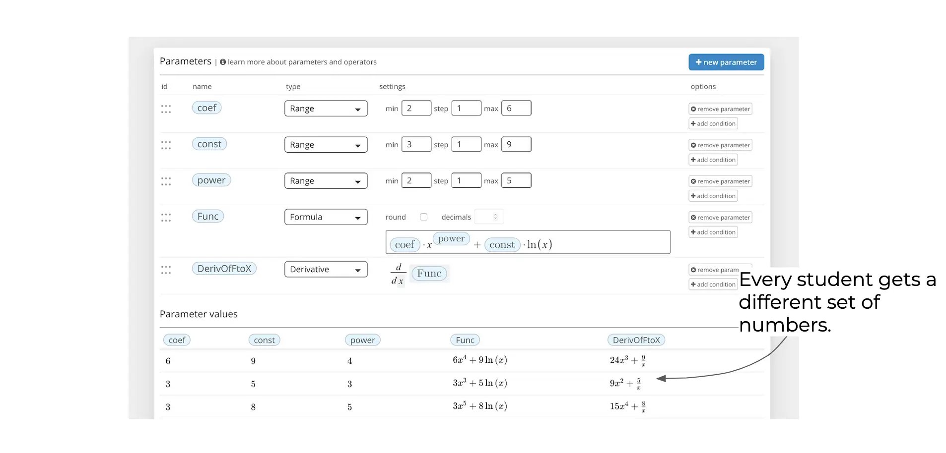 Screenshot showing parameterization in Grasple