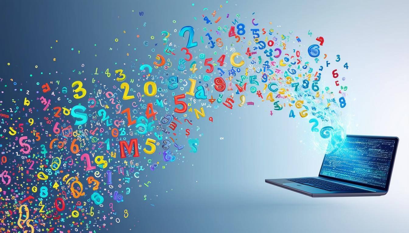 colourful numbers flowing into a laptop